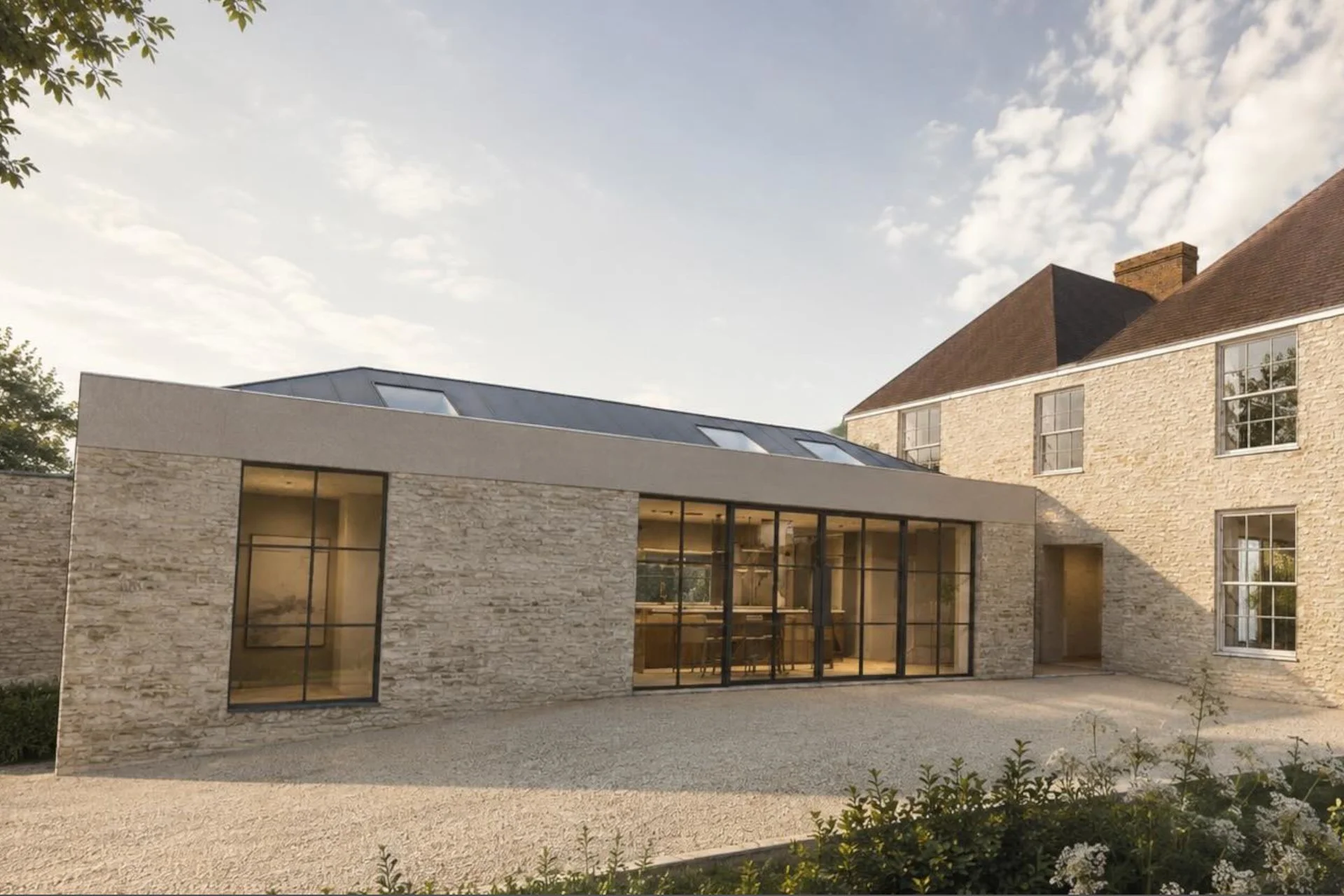 Modern residential building with a combination of stone and glass exterior, large windows, and a sloped roof, set against a partly cloudy sky.