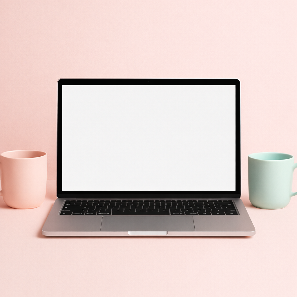 A laptop with a blank white screen on a pink surface, flanked by a pink mug on the left and a mint green mug on the right.