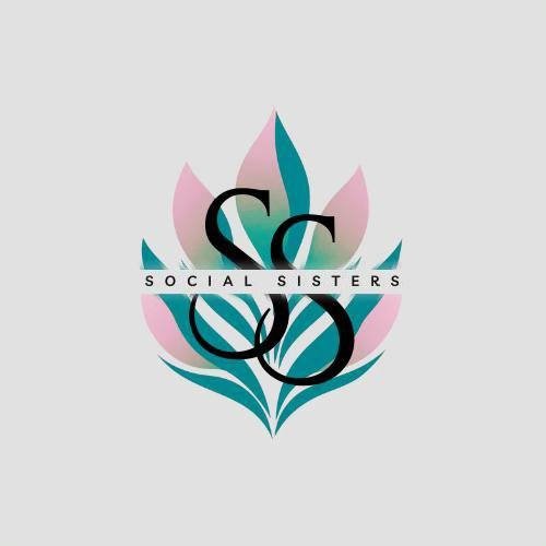 Logo with lotus flower design in pink and teal colors, with the words 'Social Sisters' in a horizontal banner across the center.