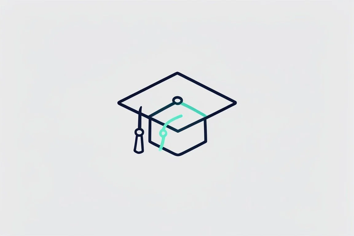 Minimalist illustration of a graduation cap with a tassel and a diploma cord.