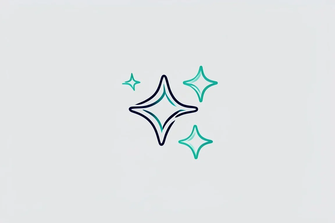 Four sparkling star-shaped icons with teal and navy outlines on a light gray background.