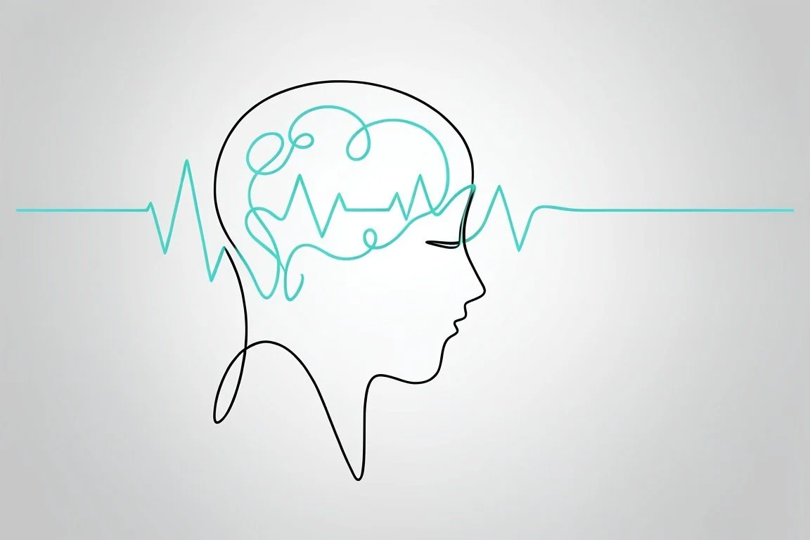 A minimalist illustration of a person's profile with an outline of a brain and a heartbeat line intertwined.