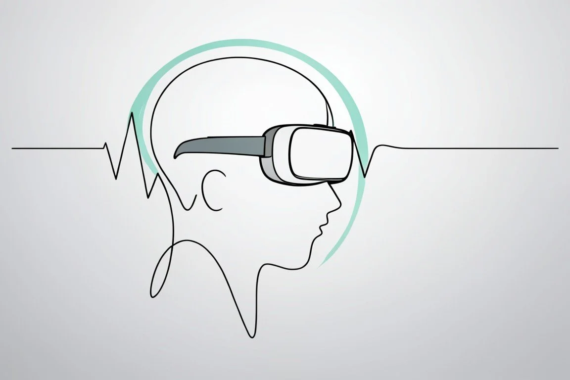 A line drawing of a person's head in profile wearing virtual reality goggles, with a heartbeat line in the background.