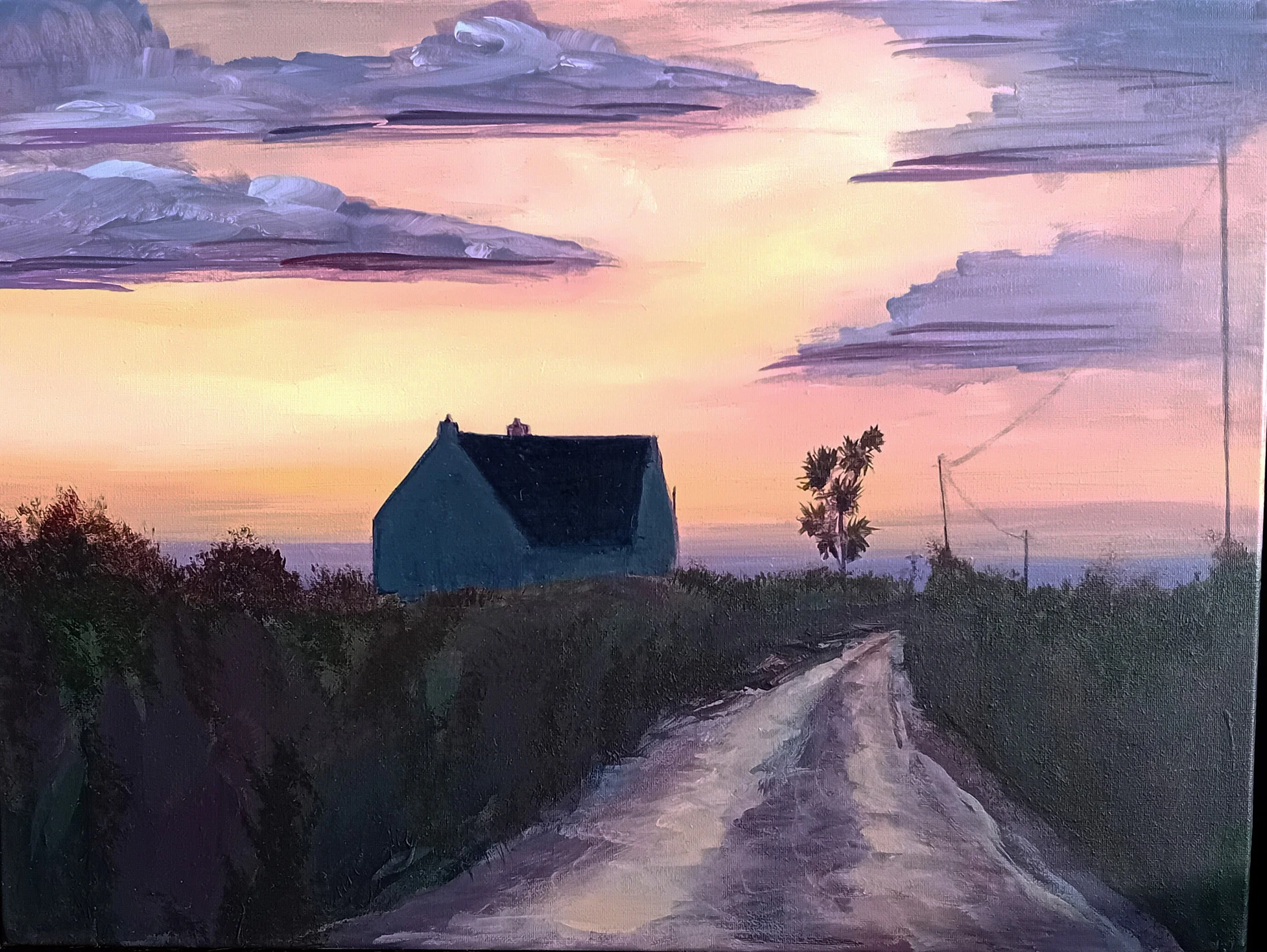 A landscape painting of a dirt path leading to a house with a dark roof and blue walls, set against a sunset sky with pink, purple, and orange clouds, and a few trees and power lines along the path.