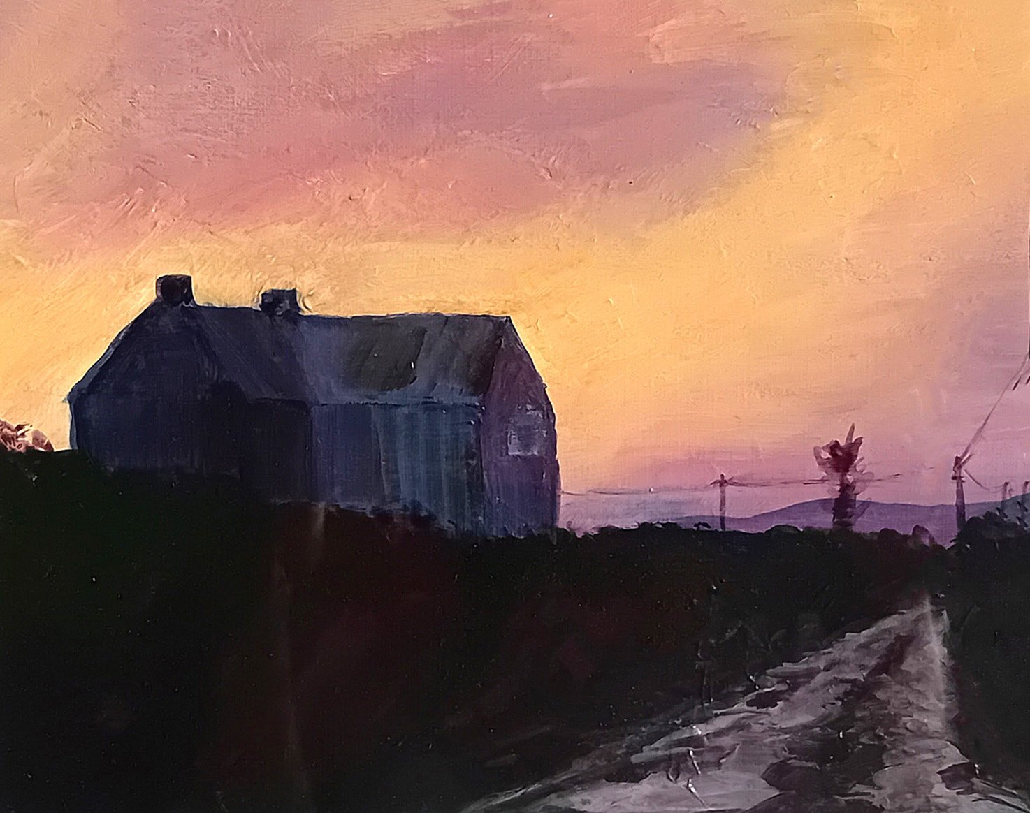 Painting of a house on a hill with a sunset sky and wind turbines in the background.
