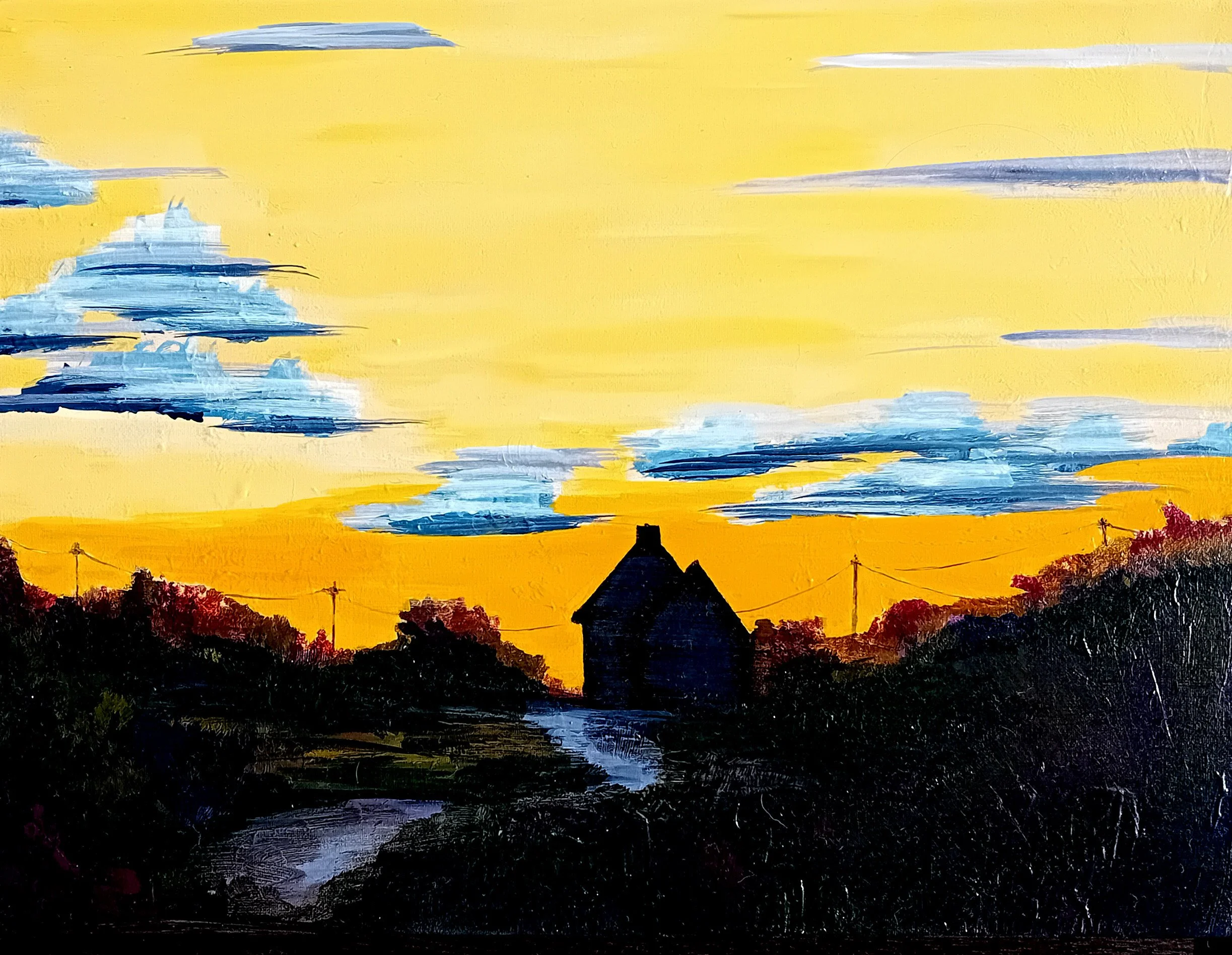 Painting of a rural landscape at sunset with a small house, trees, power lines, and a sky with clouds