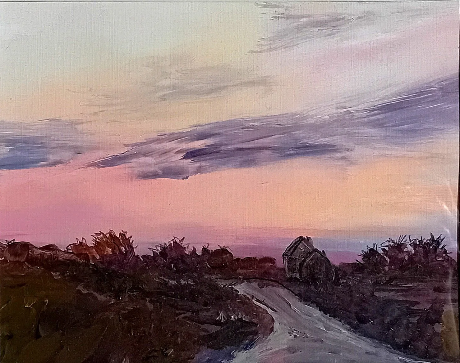 A landscape painting of a rural scene at sunset, featuring a dirt road, small houses, trees, and a colorful sky with pink, purple, and blue hues.