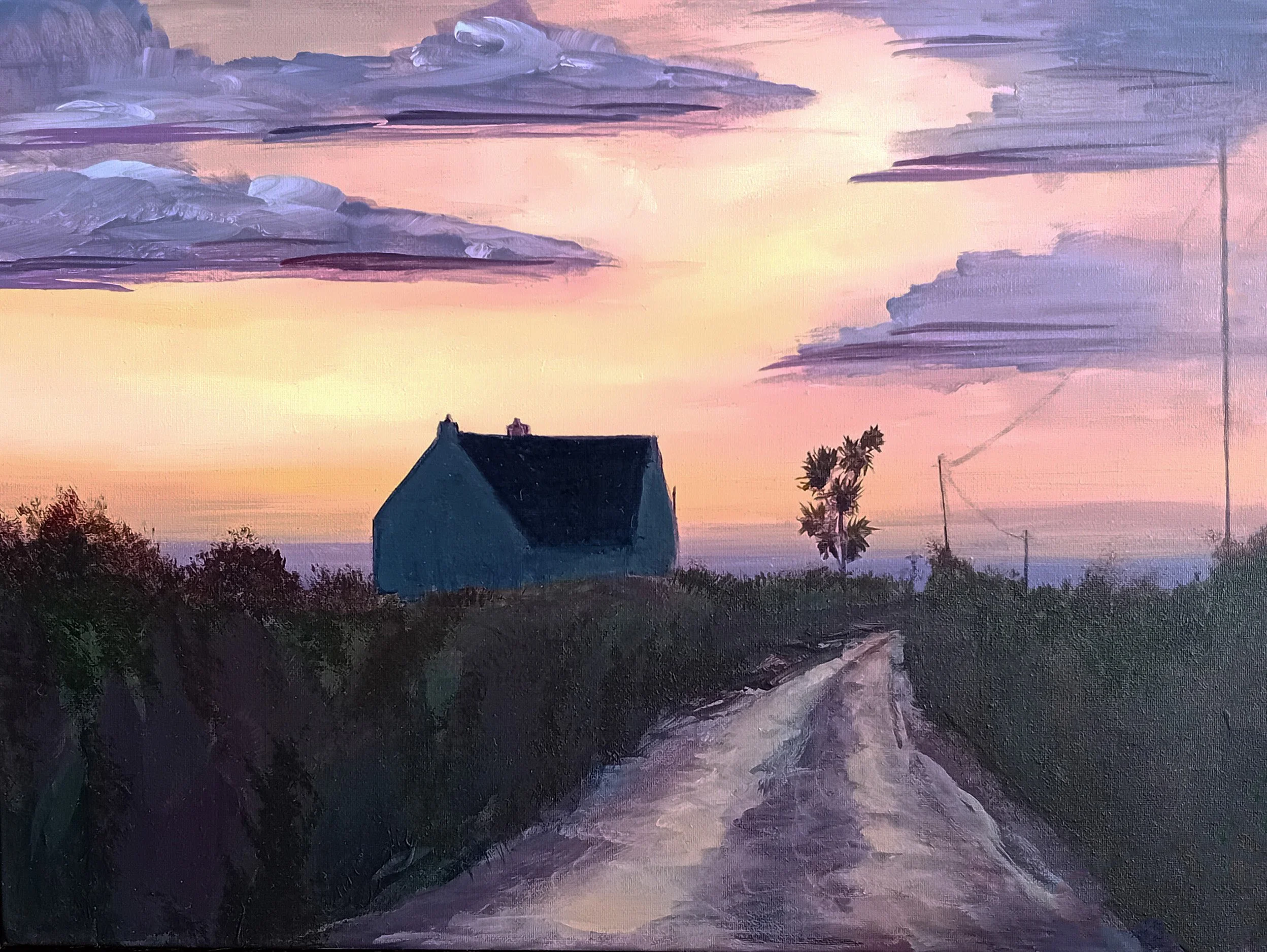 A painting of a sunset or sunrise with purple and pink clouds in the sky, a house with a steep roof, trees, and a pathway leading to the house.