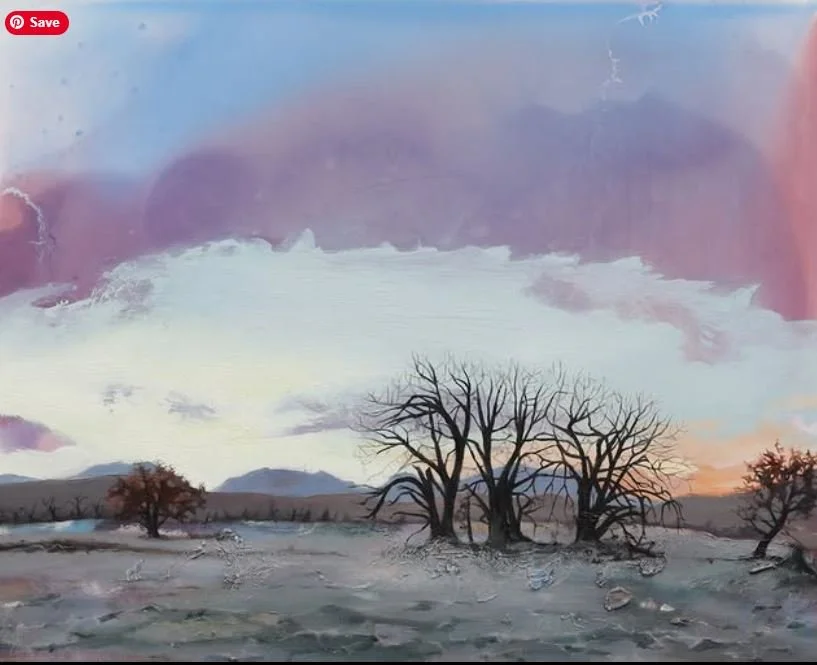 Painting of a winter landscape with leafless trees, snow-covered ground, mountains in the distance, and a colorful sky with pink, purple, and blue hues.