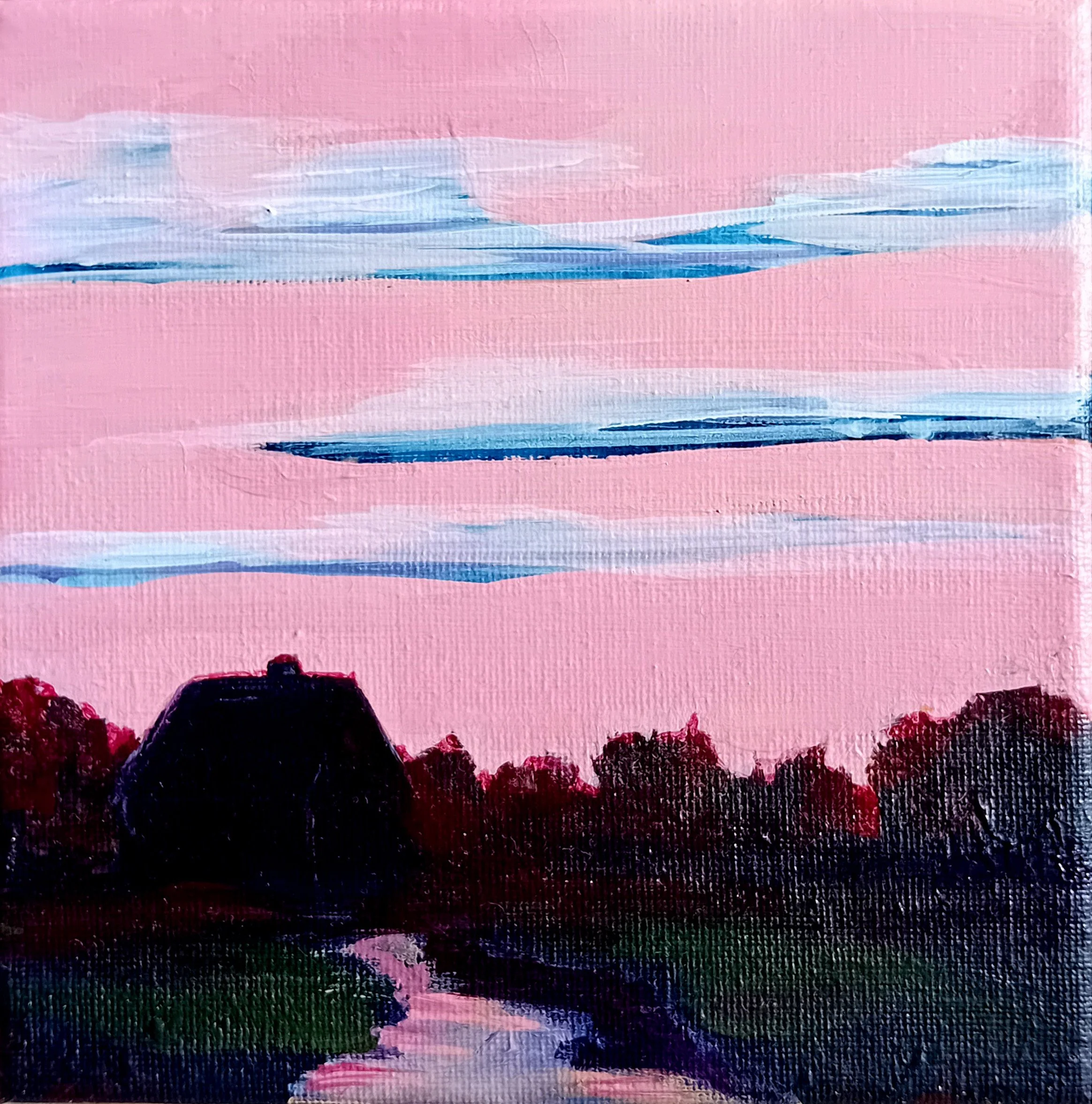 A painting of a landscape with a pink sky and blue clouds, a dark hill or house, and trees along a winding river.