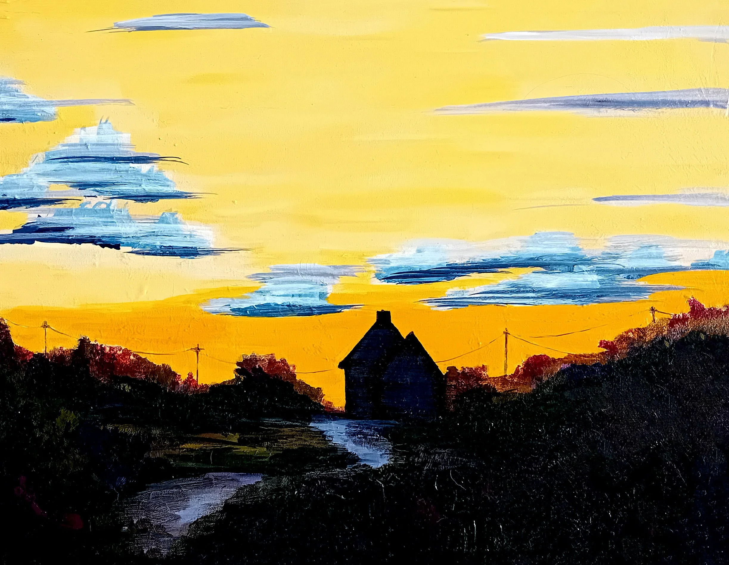 A colorful painting of a sunset or sunrise with a sky painted in yellow, blue, and white. The scene includes silhouettes of trees, houses, and power lines at the bottom, with a small water body reflecting the sky.