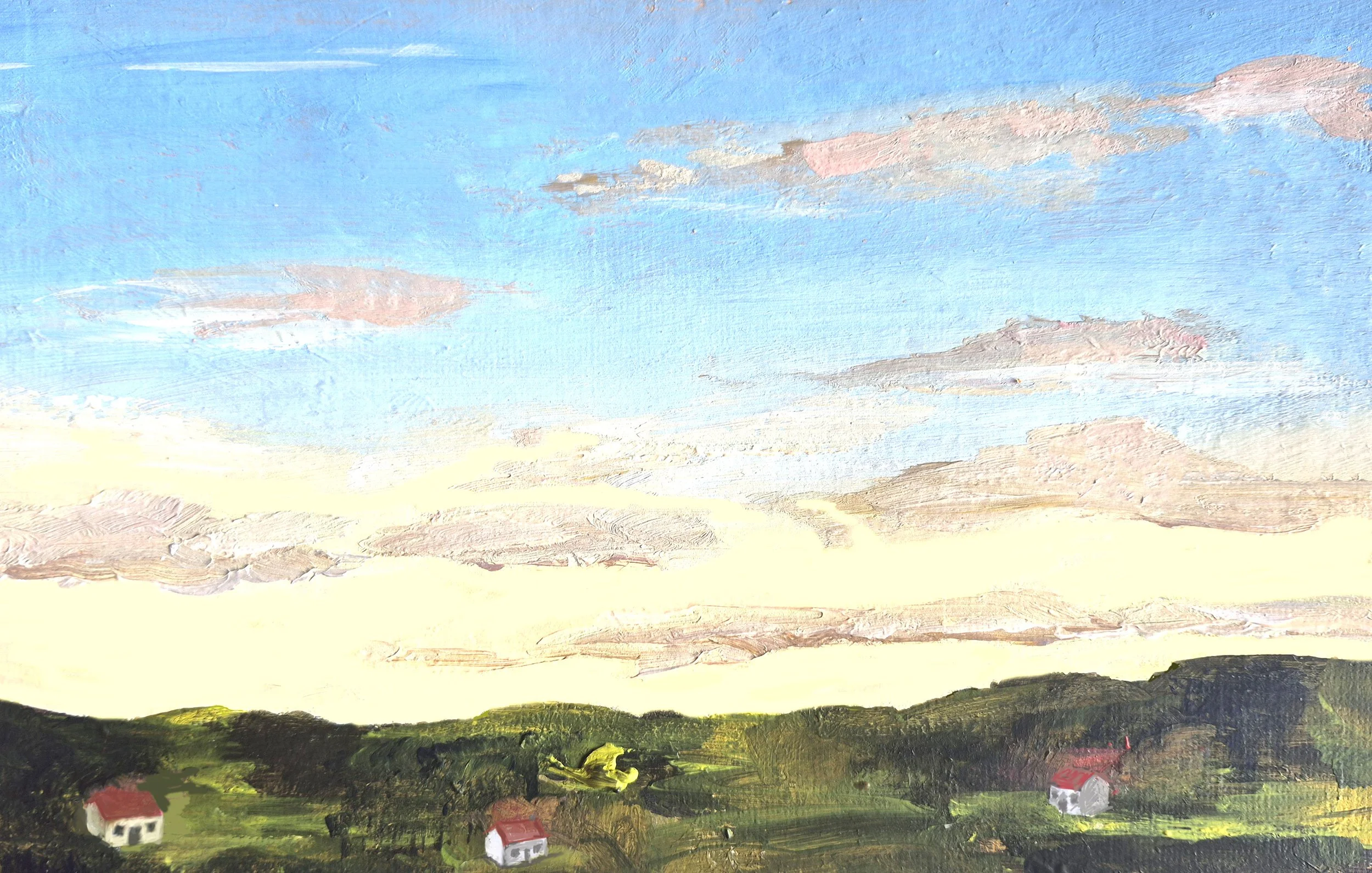 A colorful landscape painting depicting a countryside scene with small houses in the foreground and a vast sky with clouds in the background.