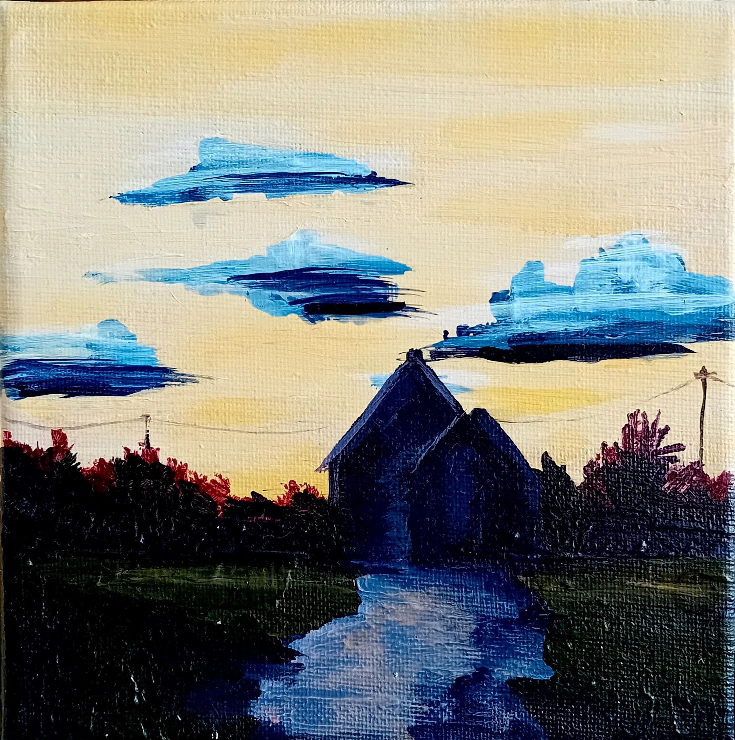 Painting of a rural landscape at sunset with a house, a stream, trees, and clouds in the sky.