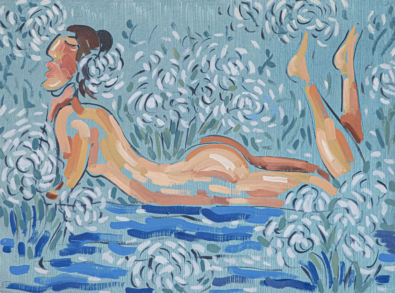 Laying down in flowers / Oil and Acrylic on wood / 40 x 30 cm / 2023 / SOLD