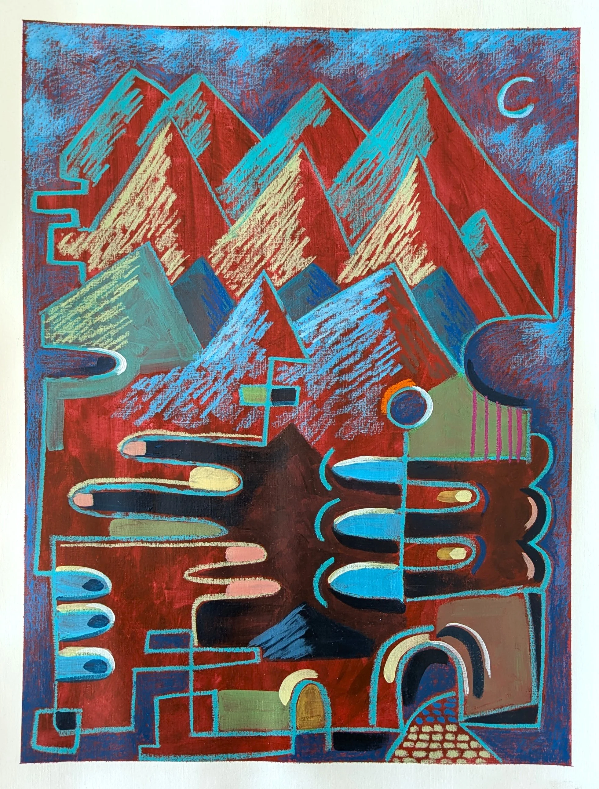 Red Peaks / Acrylic and Oil Pastels on paper / 59.4 × 42 cm (A2) / 2026