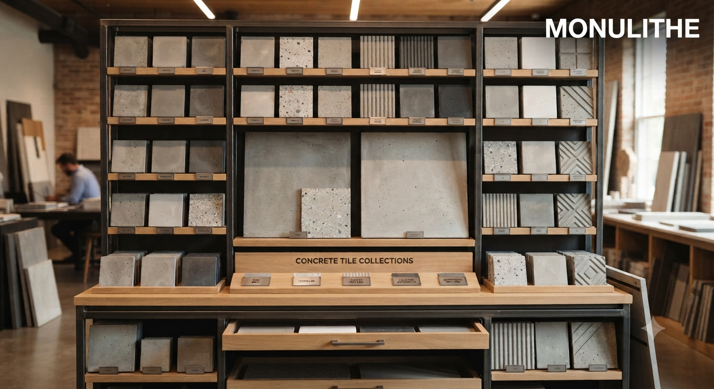 Exposition de collections de carrelages en béton dans un magasin de matériaux de construction.