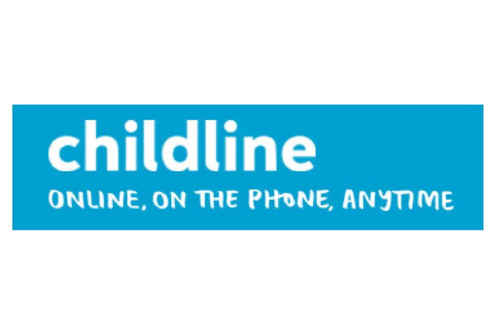 Logo for Childline with slogan 'Online, on the phone, anytime' in white text on blue background.