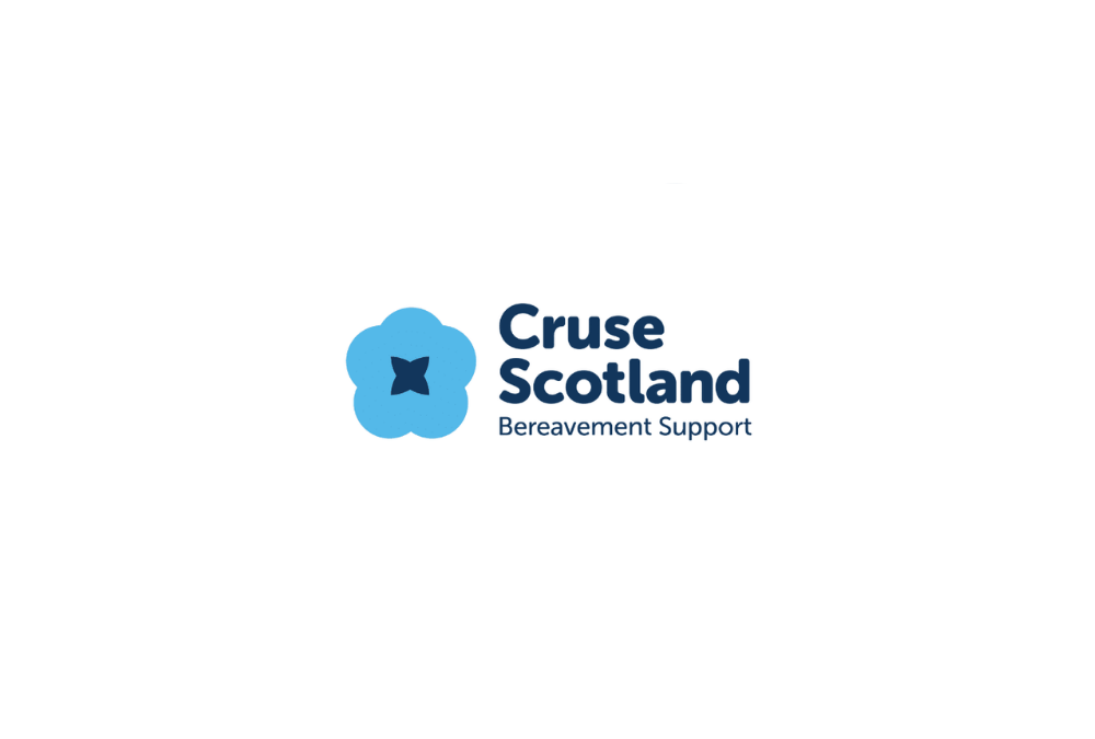 Logo for Cruse Scotland Bereavement Support featuring a blue flower with a dark blue center and text