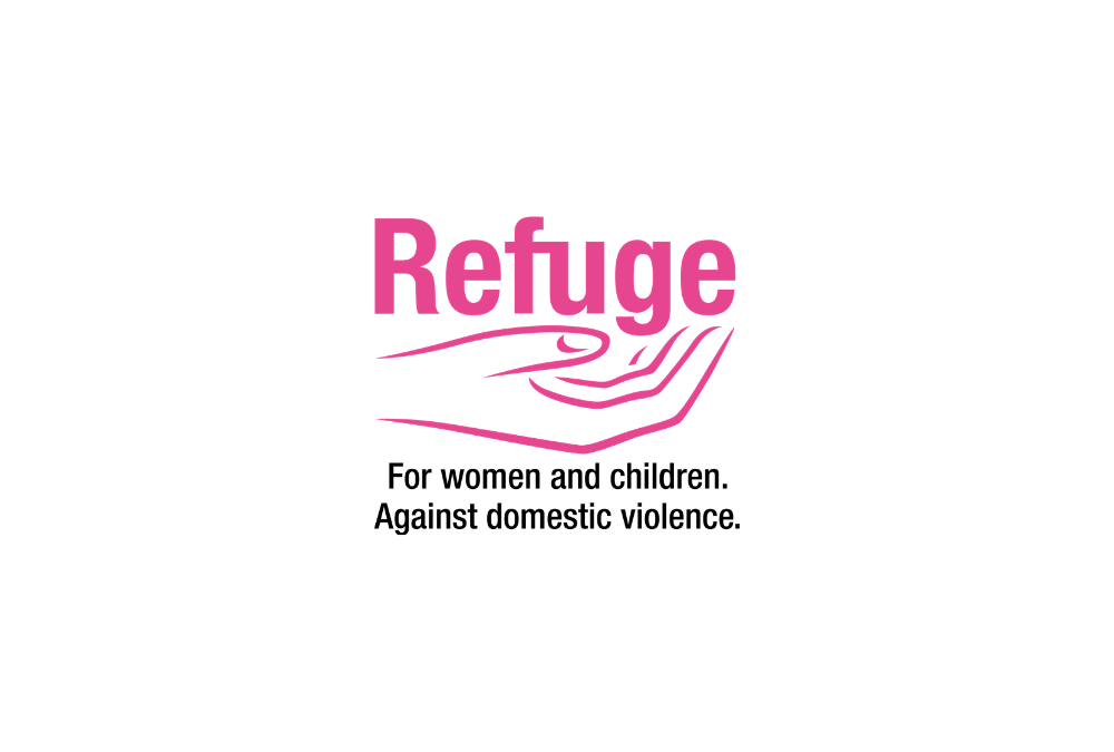 Refuge logo with a pink hand illustration and the text 'Refuge' in pink, encouraging support for women and children against domestic violence.