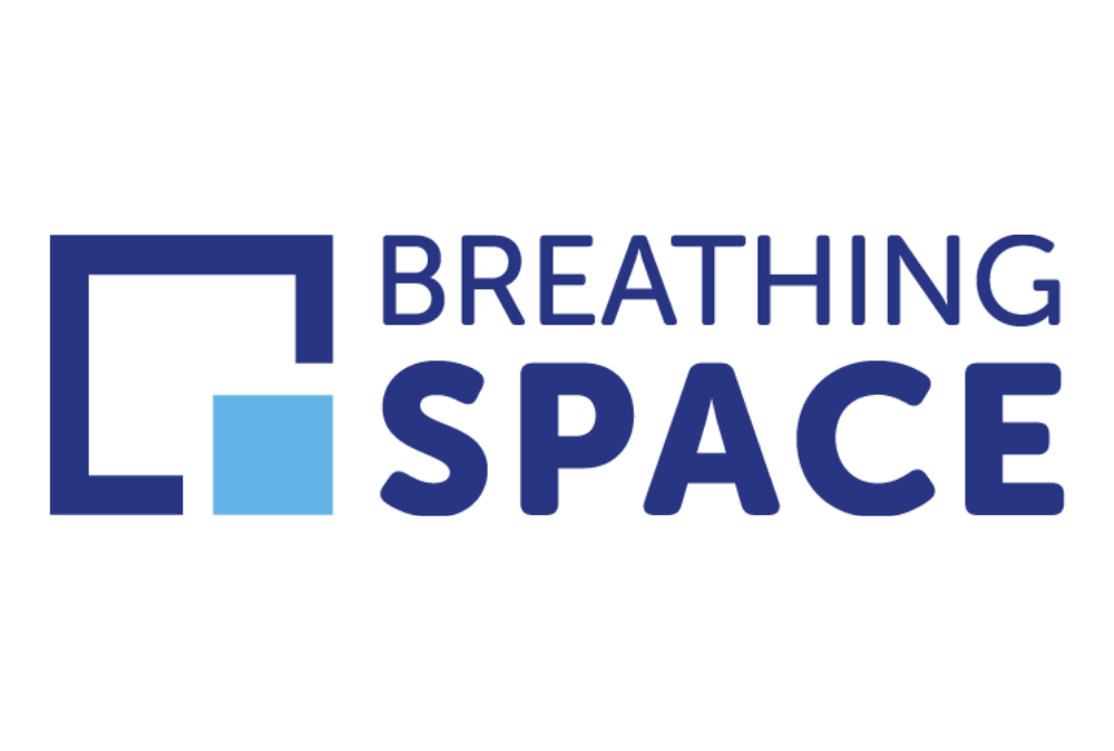 Logo for Breathing Space featuring a blue square and a purple square with the words "Breathing Space" in bold blue letters.