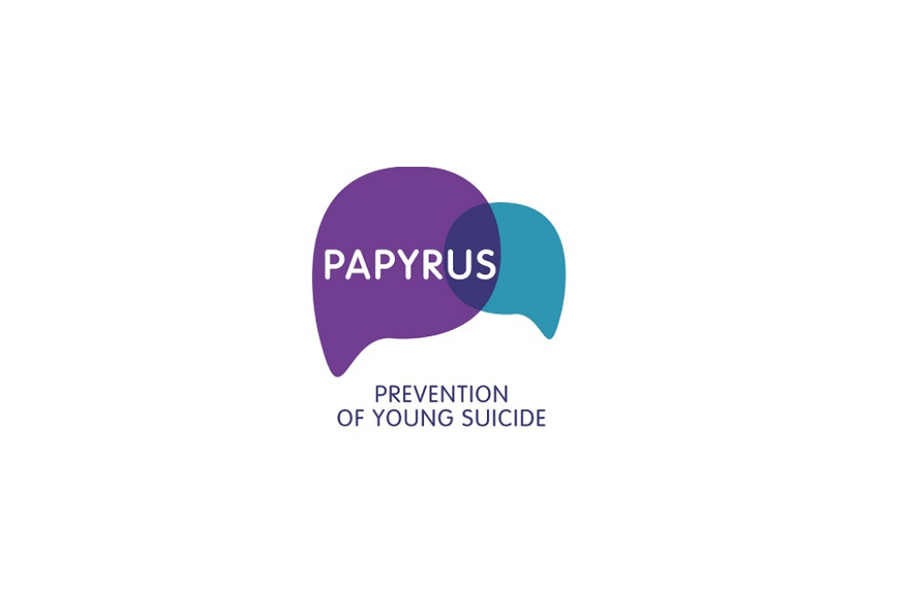 Logo for PAPYRUS organization with overlapping speech bubbles and the text 'Prevention of Young Suicide'.