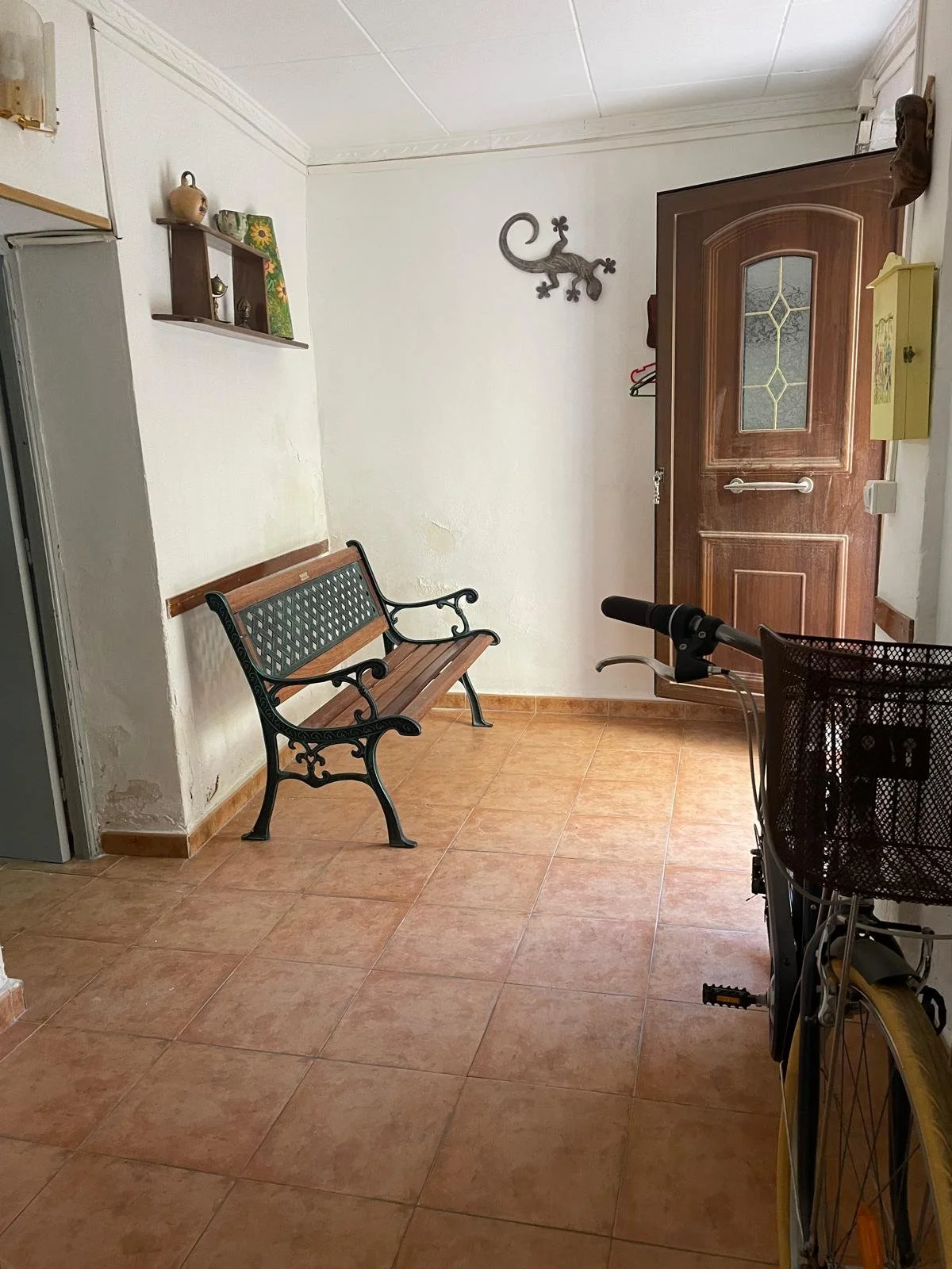 An indoor entryway with a wooden door, small wall shelves with decorative items, a metal and wood bench, a bicycle parked next to the door, and a gecko wall decoration.