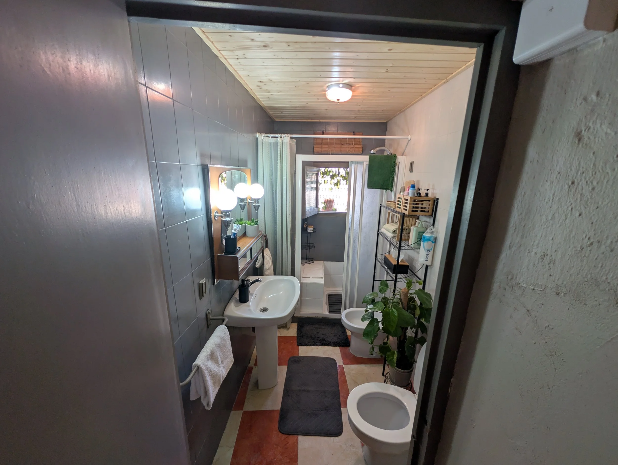 A compact bathroom with a pedestal sink, a mirror with built-in light fixtures, a toilet, a small shelving unit with toiletries, a potted plant, and a shower with a curtain, window, and natural wood ceiling paneling.