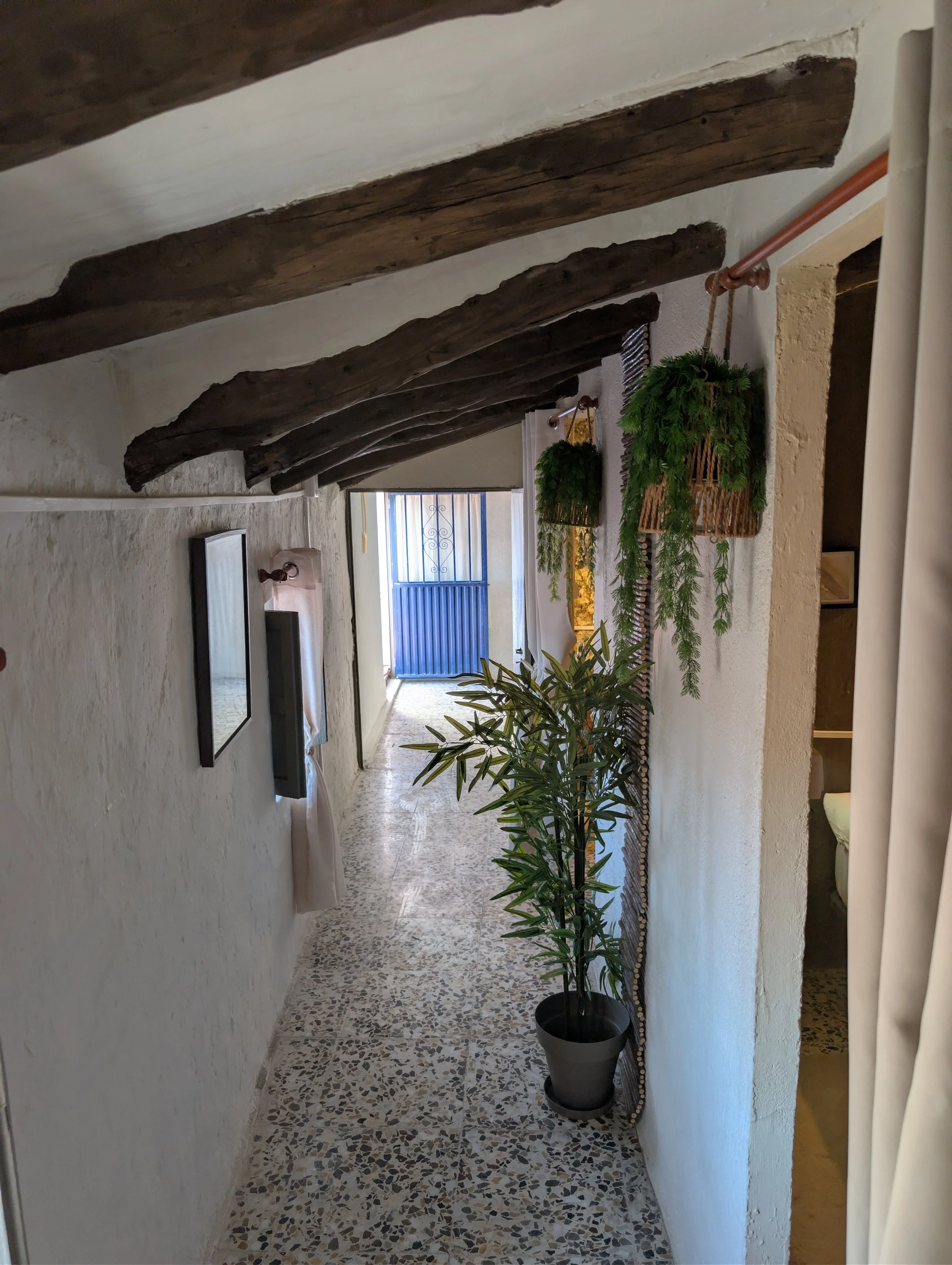 A narrow hallway with white textured walls and a terrazzo floor, decorated with potted plants and wall-mounted greenery, leading to a blue gate at the end.