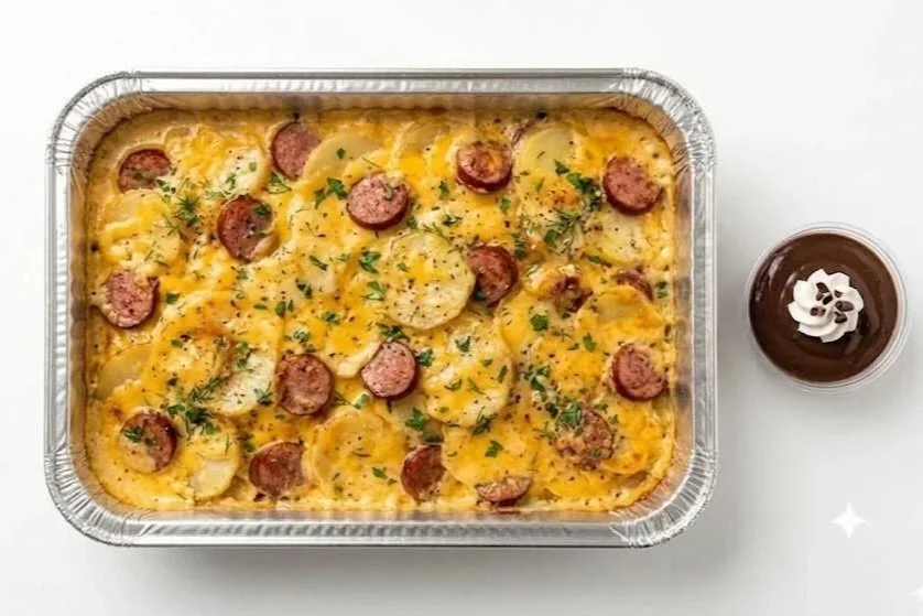 Smoked+sausage+baked+with+tender+sliced+potatoes+in+creamy+cheddar+sauce.+Served+with+Chocolate+Pudding..jpg