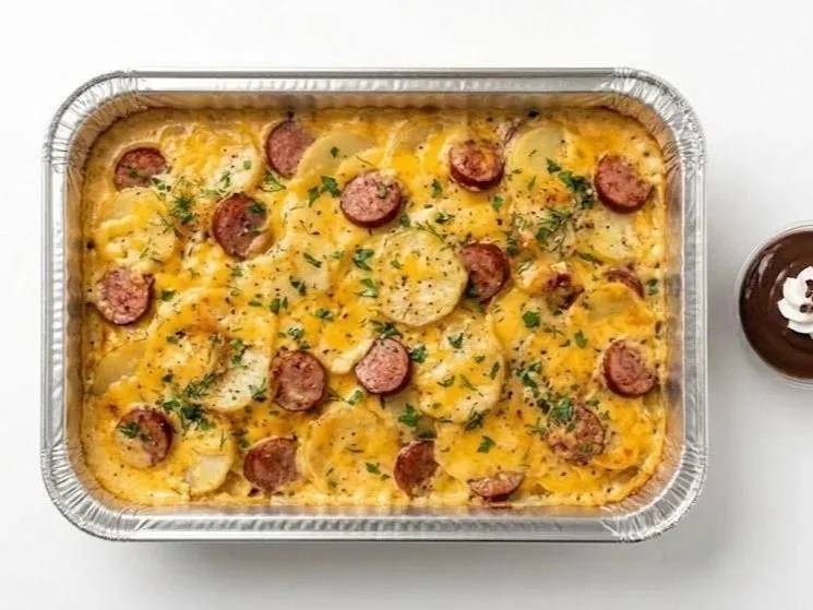 Smoked+sausage+baked+with+tender+sliced+potatoes+in+creamy+cheddar+sauce.+Served+with+Chocolate+Pudding..jpg