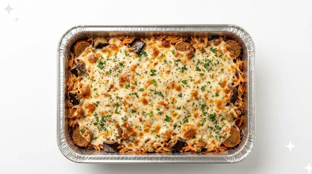 SAUSAGE & EGGPLANT ORZO BAKE