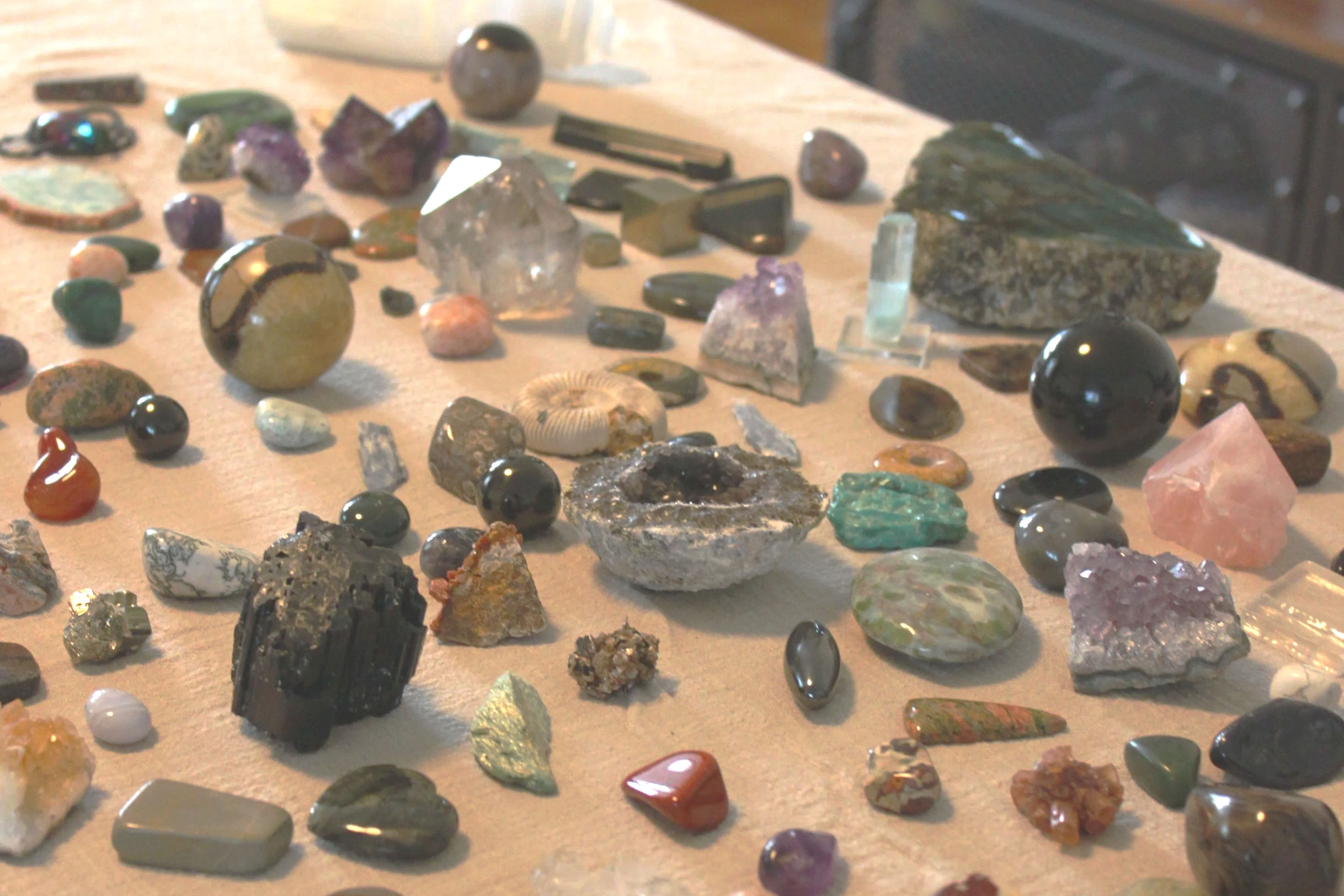 Auf einer Tischfläche sind verschiedene Mineralien, Kristalle und Steine ausgestellt, einige auf kleinen Ständern oder im rohen Zustand.