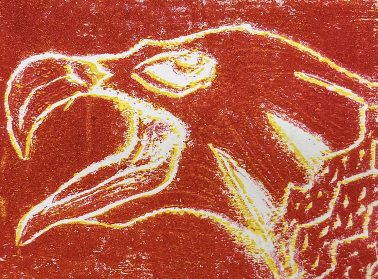 Close-up view of an abstract painting with red, yellow, and white colors, depicting a stylized flower or plant with prominent leaves and a spiral center.