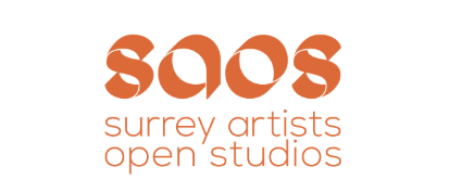 SAOS Surrey Artists Open Studios logo with orange text on a white background.