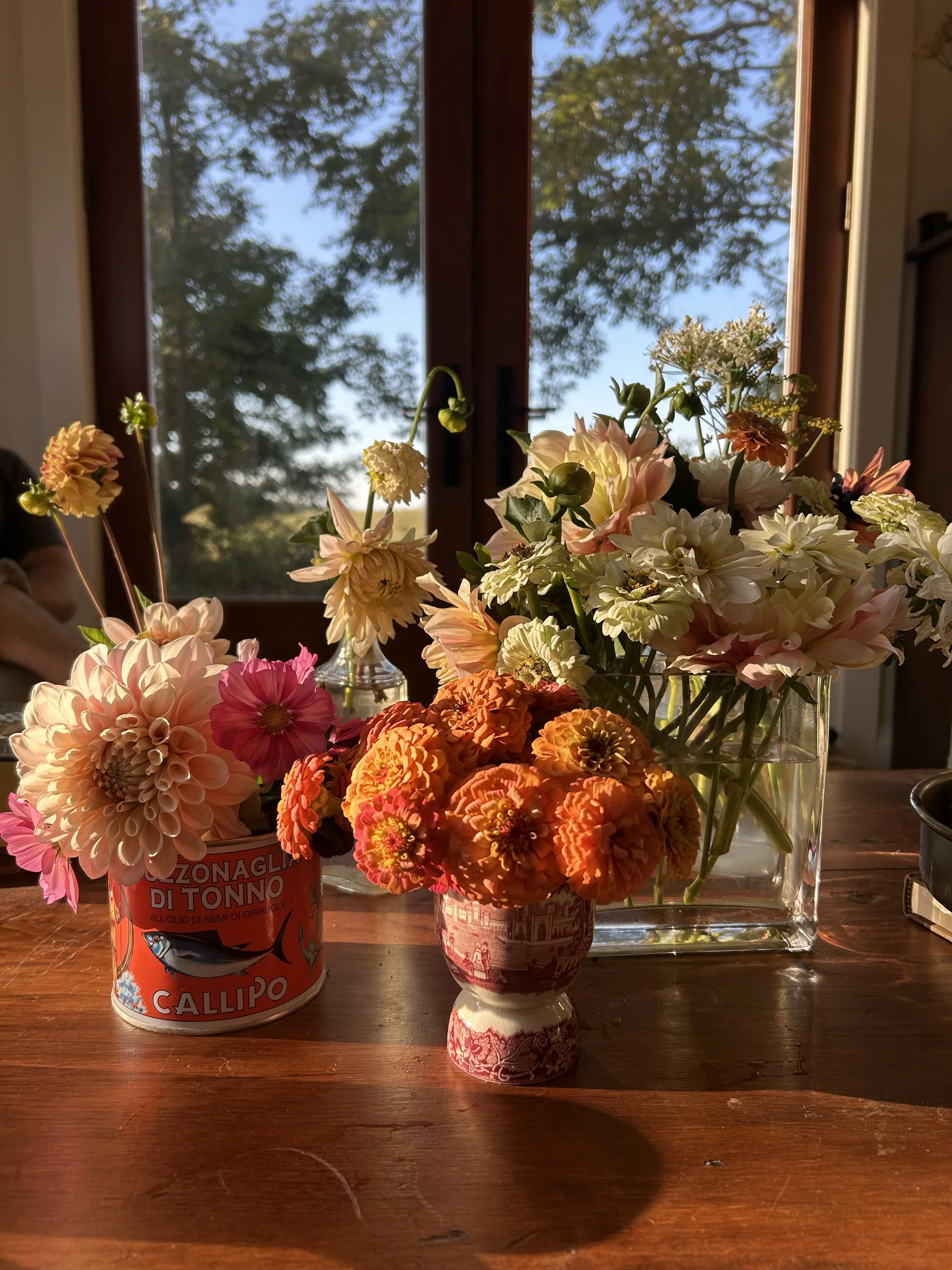 Arrangement of various colorful flowers in different sized and colored vases on a wooden table, with a window and trees visible in the background.
