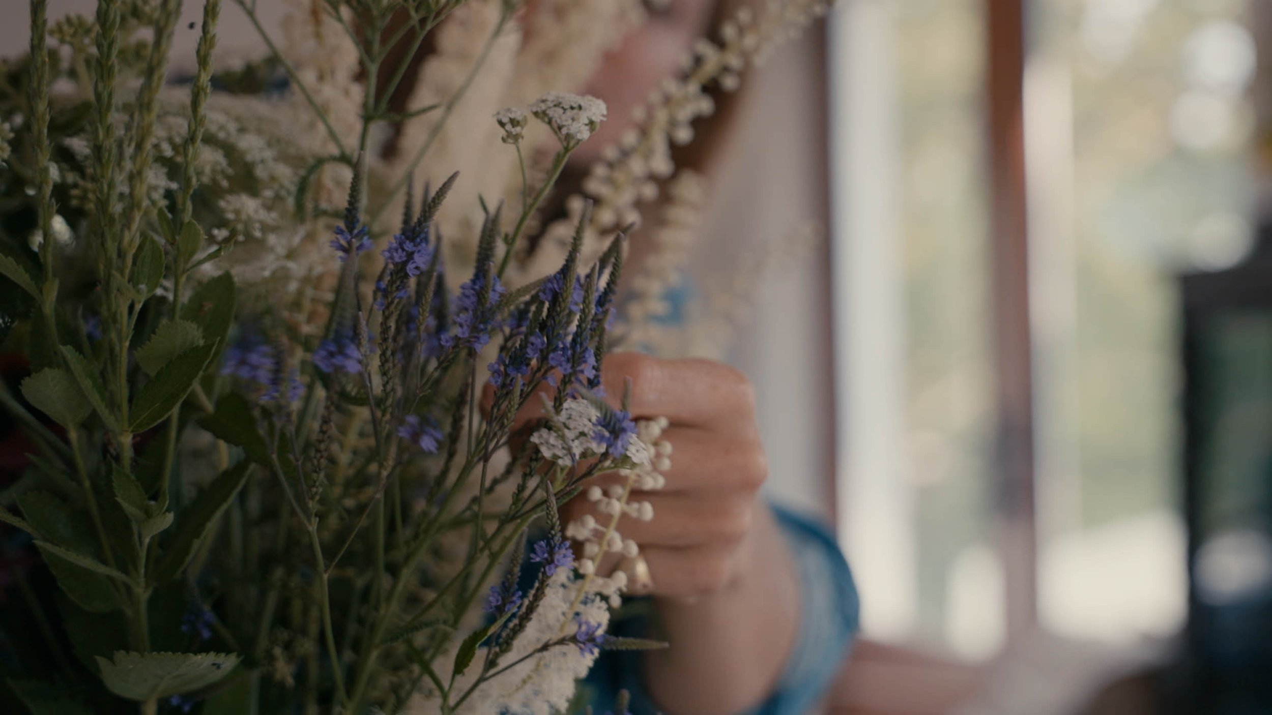 Person placing flowers inside a vase of native wildflowers, including white, purple, and cream-colored flowers, near a window.