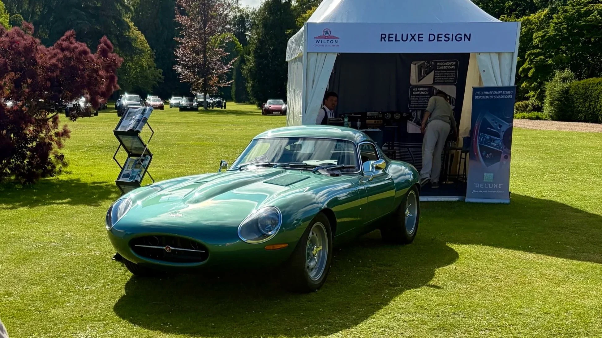 Green Eagle Low Drag GT E-Type at Reluxe Design classic car audio display at the Wilton House Concours Event