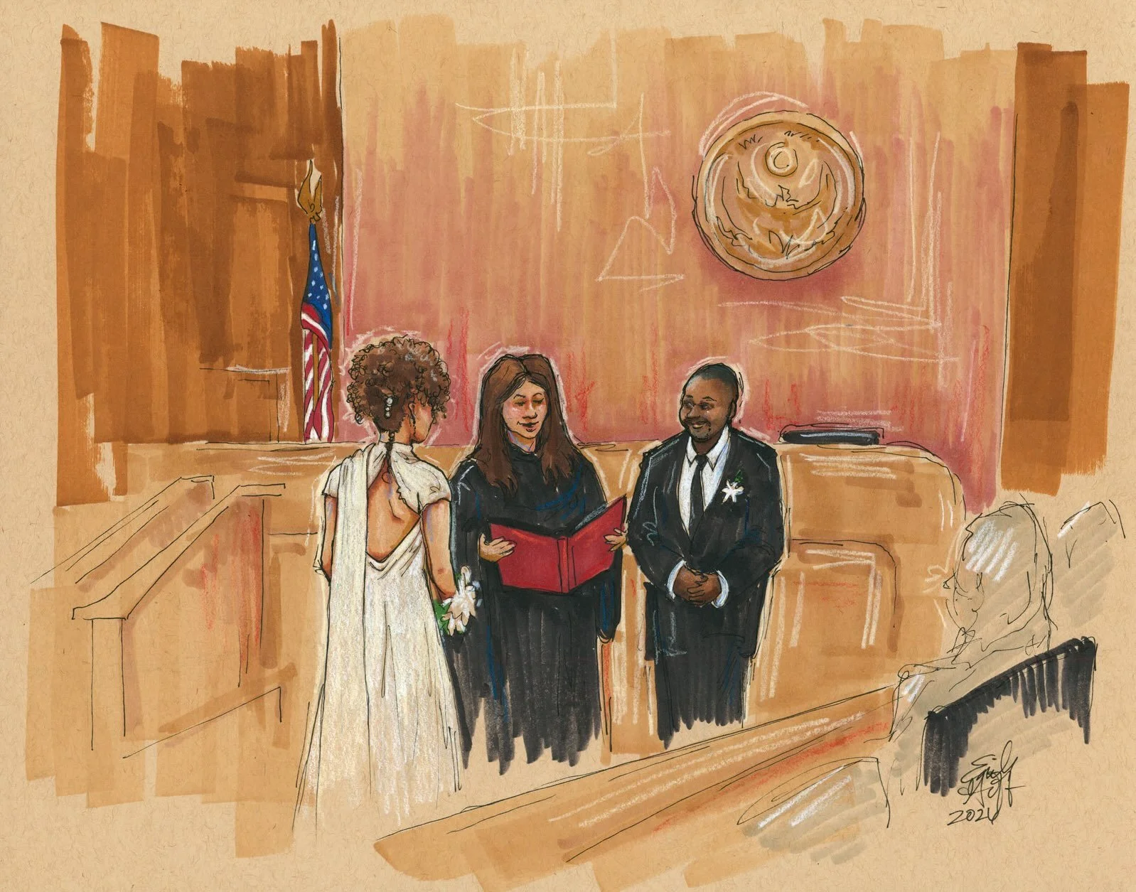 Wedding artwork: courtroom sketch style. 👰🏽&zwj;♀️ 💒 🤵🏾&zwj;♂️