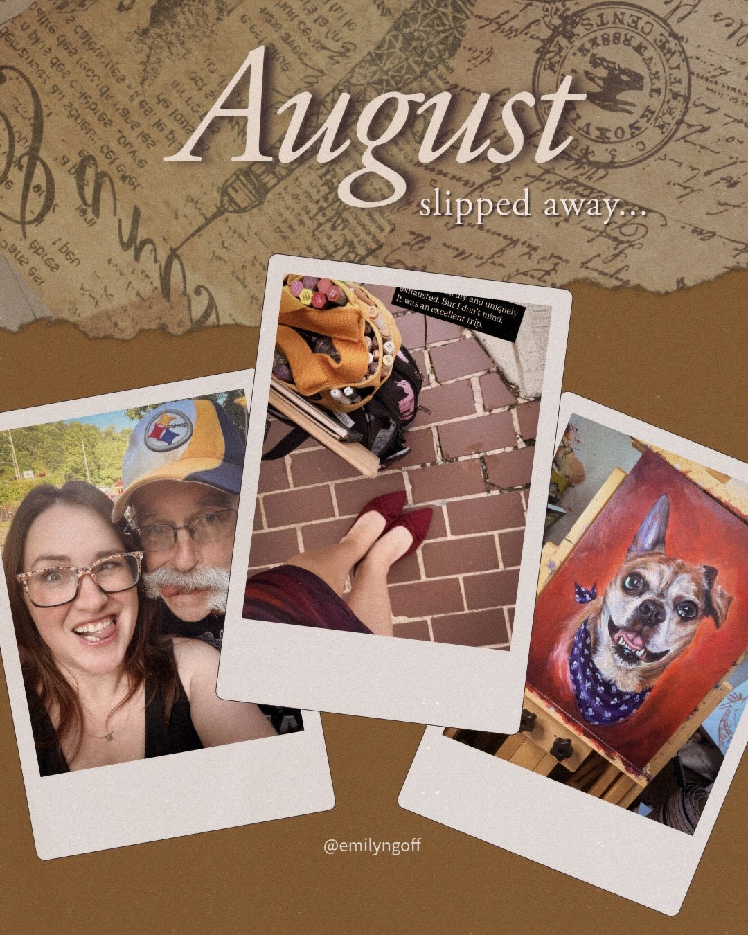 August really did slip away like a moment in time. 🌬️ 

No explanation just smooch 

On my way to the courthouse for sketching in DC 

HOTEL ROOM WITH FEAR GEAR AND MILLENNIAL PEACE SIGN 

On the walk to dinner in DC 

waffles the dog work in progre