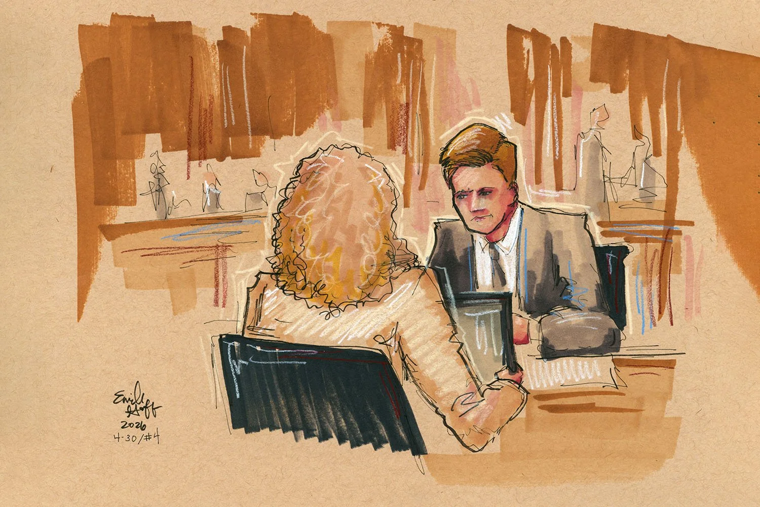 Cole Tomas Allen, Detention Hearing, 4/30/26, Washington DC / Government attorneys Jocelyn Ballantine and Charles Jones talking at the prosecution table.