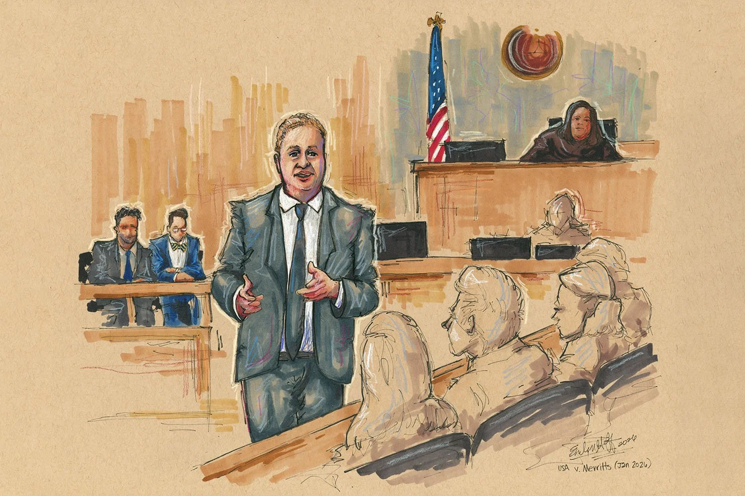 JosephDiRuzzo-B-JustinKGelfand-USAvMerritts-Trial-Jan2026-Commission-Courtroom-Sketch-06192026-01.jpg