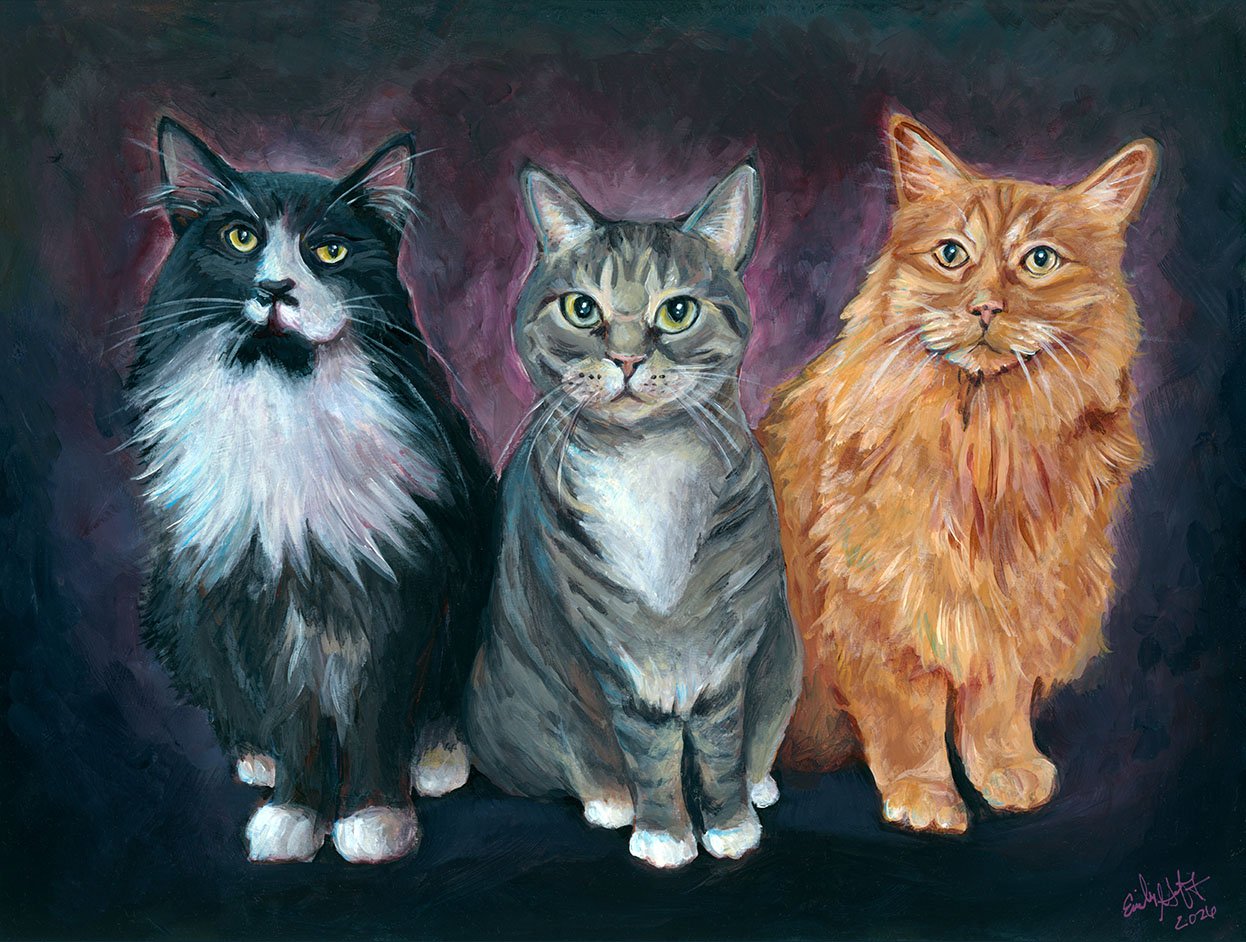 acrylic-wood-panel-TheThreeCats-tuxedo-tabby-fluffy-orange-cat-portrait-pet-commssion-painting-2026-emilyngoff.jpg