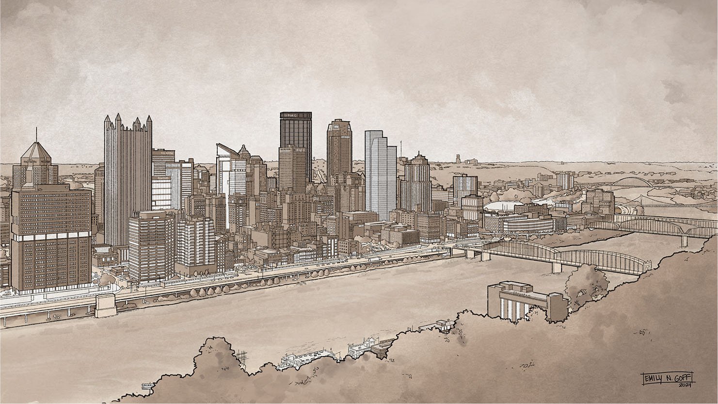 "Pittsburgh on The Mon, in Sepia" (2024) / Digital Illustration