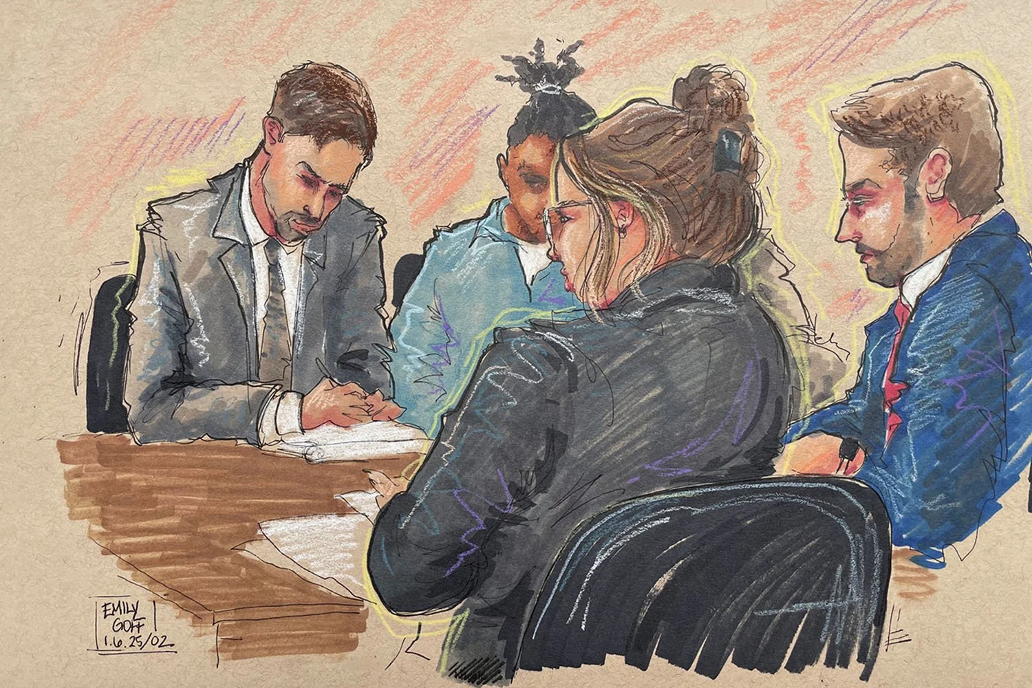 Calvin Crew at jury selection with his lawyer and the prosecutors for his trial in the murder of Christina Spicuzza in Pittsburgh, PA. (2025)