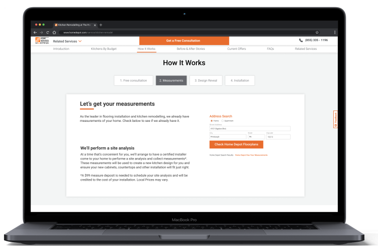 Laptop screen showing a website titled 'How It Works' with steps for home renovation, including Free consultation, Measurements, Design Review, and Installation. The page details getting measurements, performing site analysis, and scheduling a site analysis for kitchen remodeling.