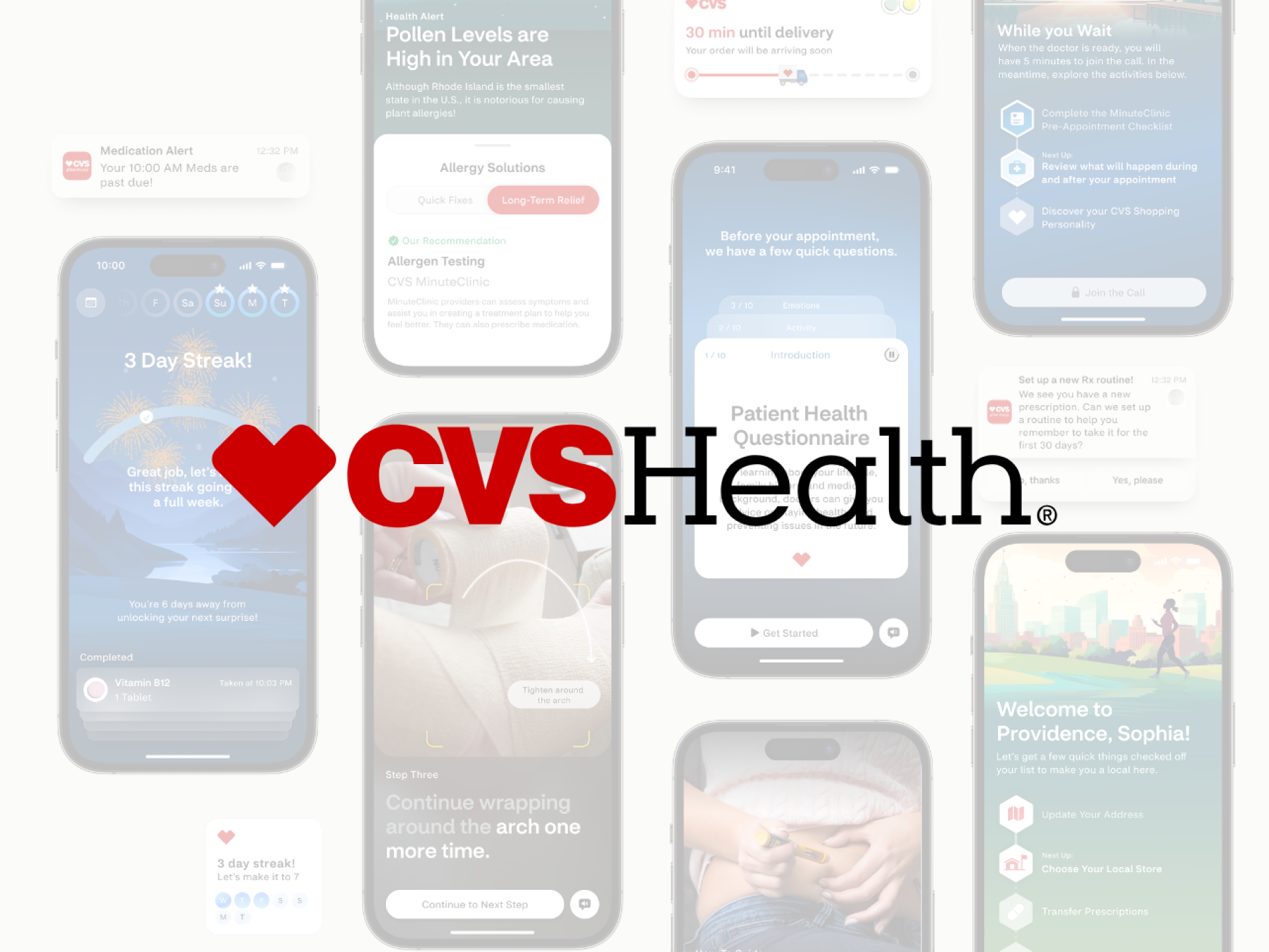 Multiple smartphone screens displaying the CVS Health app interface, including medication alerts, health tips, appointment questions, and health tracking features with a prominent CVS Health logo in the foreground.