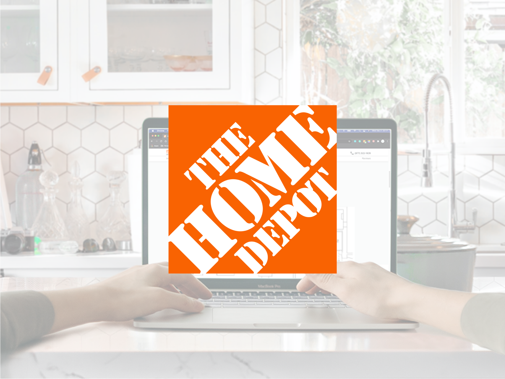 A person using a MacBook with the screen showing a scheduling app, sitting at a white kitchen counter with glass bottles and jars, in a bright kitchen with white cabinets and large windows with greenery outside. The image has a large orange overlay with the words "Home Depot" in white.