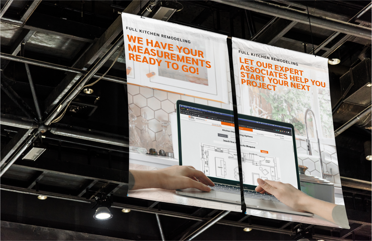 Banner at a kitchen remodeling trade show displaying measurements and project planning.