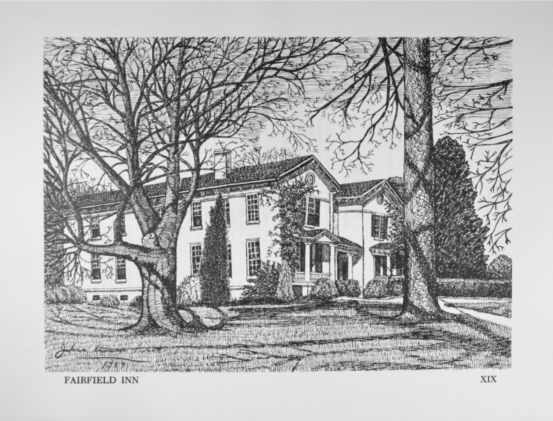A black and white drawing of a large, Victorian-style house with a front porch and multiple windows, partially obscured by large, leafless trees in the front yard.