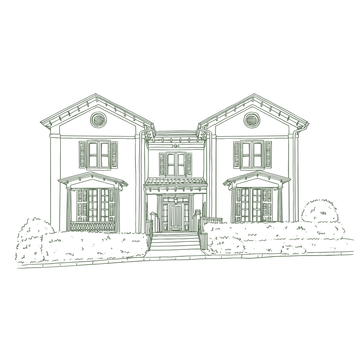 Hotel Everett | Boutique Hotel in Winnsboro, SC, historic hotel | Outline drawing of a multi-story house with front stairs, surrounded by bushes and trees, on a black background.